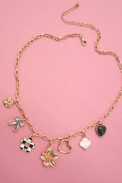 Bow Checker Heart Rhinestone Charm Necklace