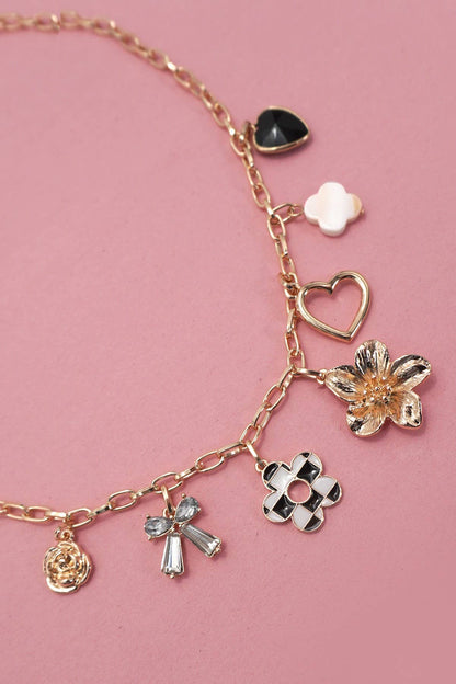 Bow Checker Heart Rhinestone Charm Necklace