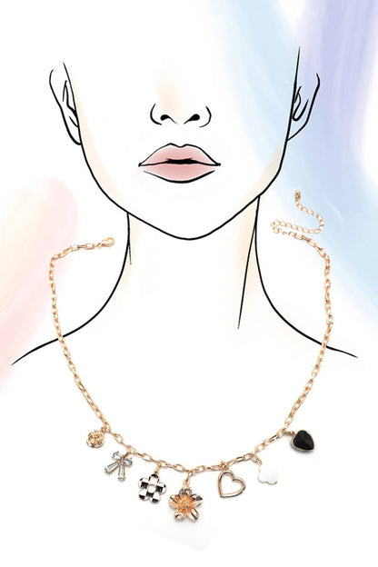 Bow Checker Heart Rhinestone Charm Necklace