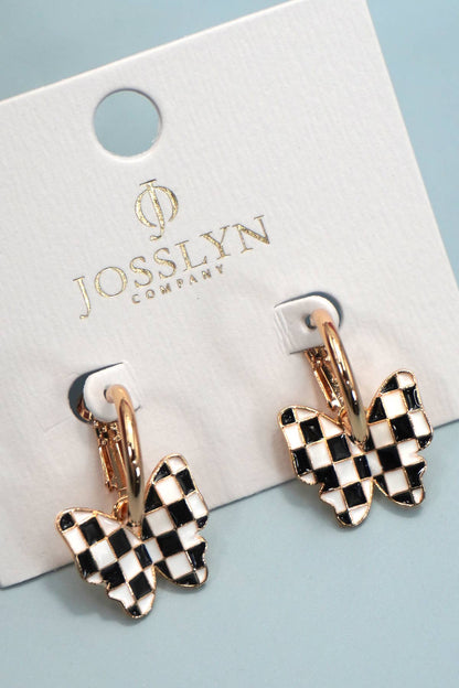 Checker Butterfly Huggie Hoop Drop Earrings - Nifty Decor & More