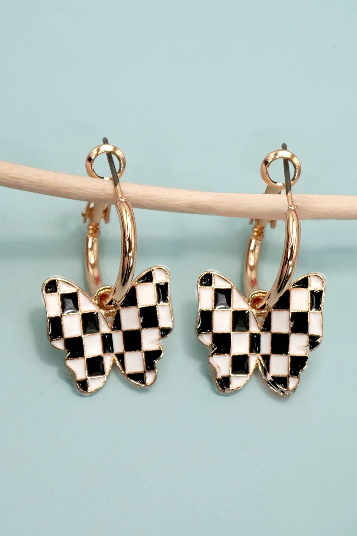 Checker Butterfly Huggie Hoop Drop Earrings - Nifty Decor & More