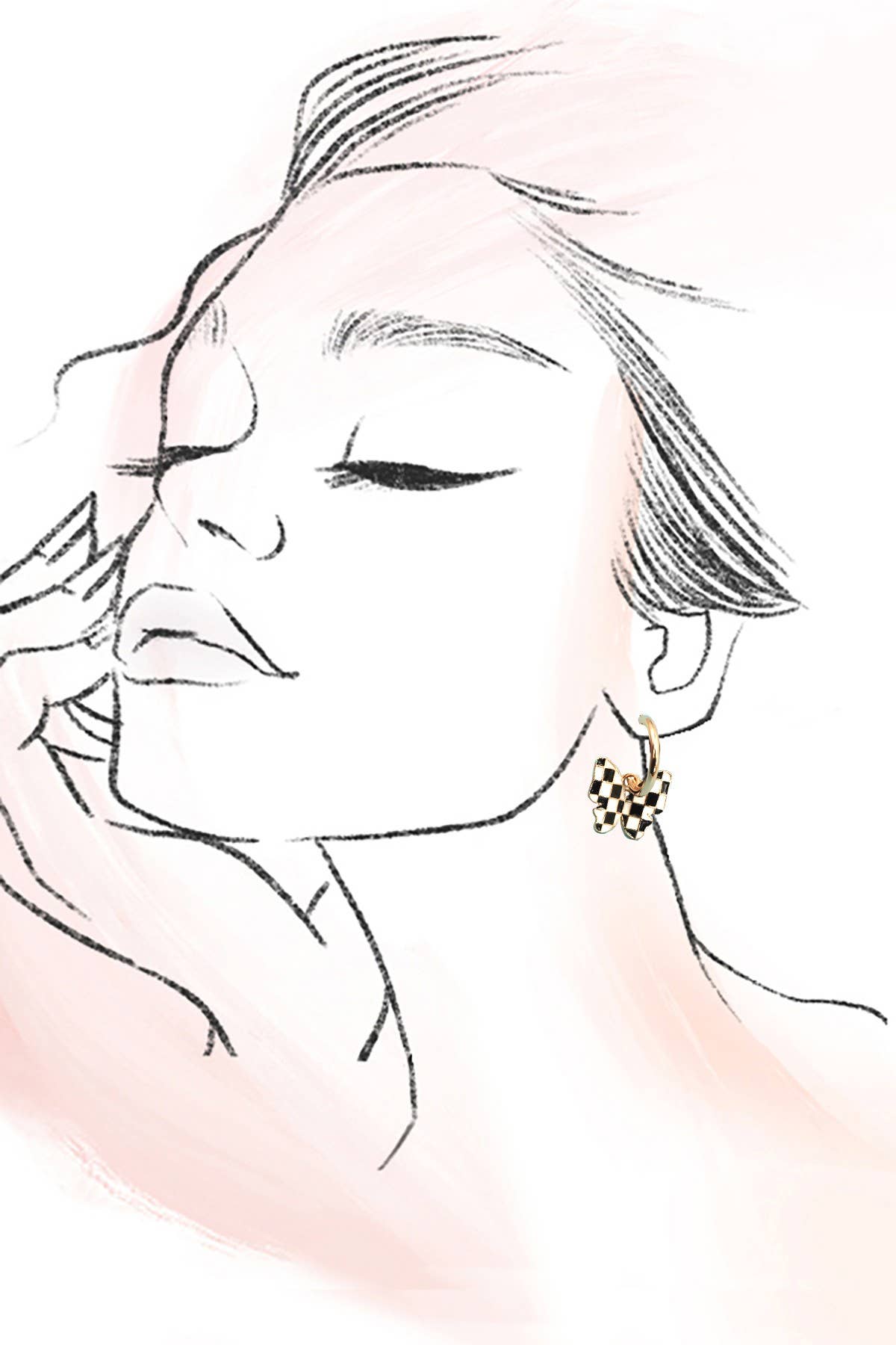 Checker Butterfly Huggie Hoop Drop Earrings