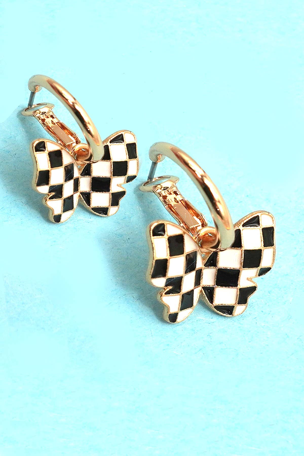 Checker Butterfly Huggie Hoop Drop Earrings - Nifty Decor & More