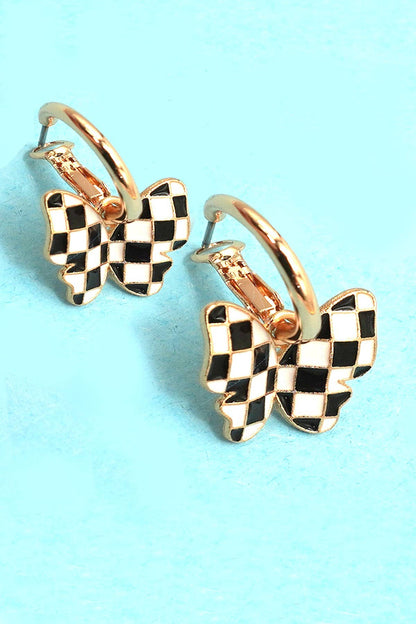 Checker Butterfly Huggie Hoop Drop Earrings - Nifty Decor & More