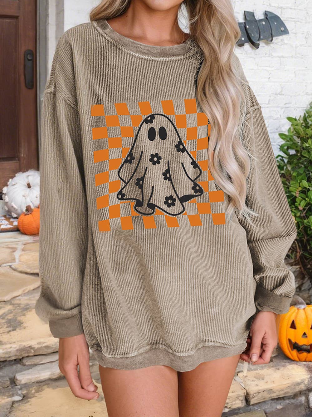 Checkerboard Floral Ghost Graphic Cord Halloween Sweatshirt