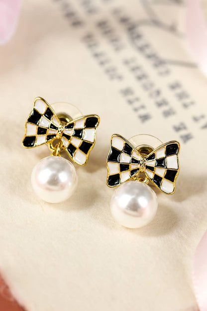 Checkered Bow Knot Pearl Pendant Stud Earrings, Elegant Statement Jewelry, Perfect Gift for Her - Nifty Decor & More