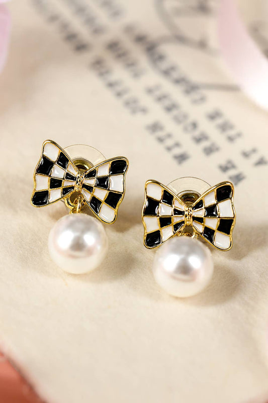 Checkered Bow Knot Pearl Pendant Stud Earrings, Elegant Statement Jewelry, Perfect Gift for Her Chic Earrings