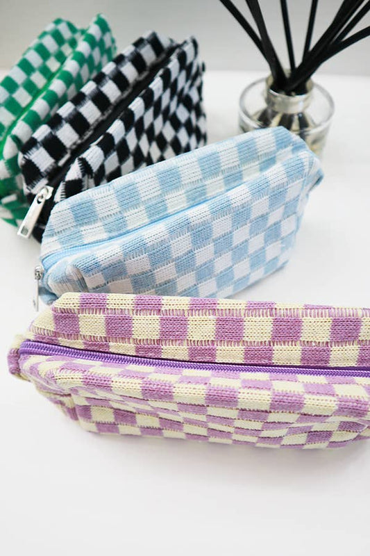 Checkered Knitted Cosmetic Bag, Cozy Textured Makeup Case, Perfect Gift for Her, Handmade Beauty Organizer