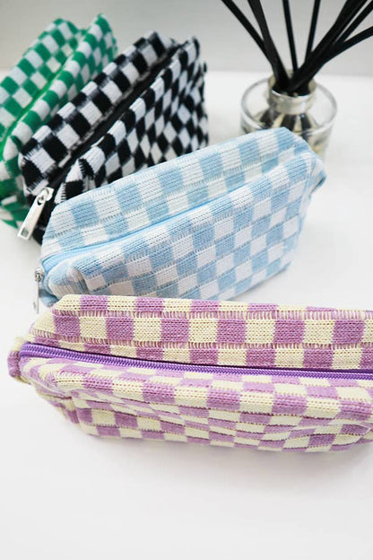 Checkered Knitted Cosmetic Bag, Cozy Textured Makeup Case, Perfect Gift for Her, Handmade Beauty Organizer - Nifty Decor & More