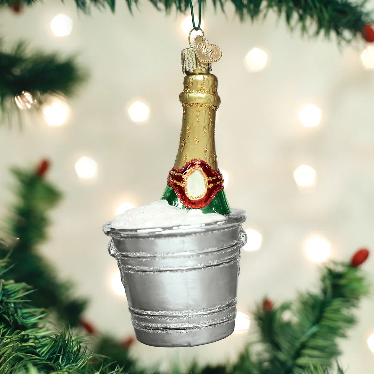 Old World Christmas Chilled Champagne Ornament in Silver Ice Bucket