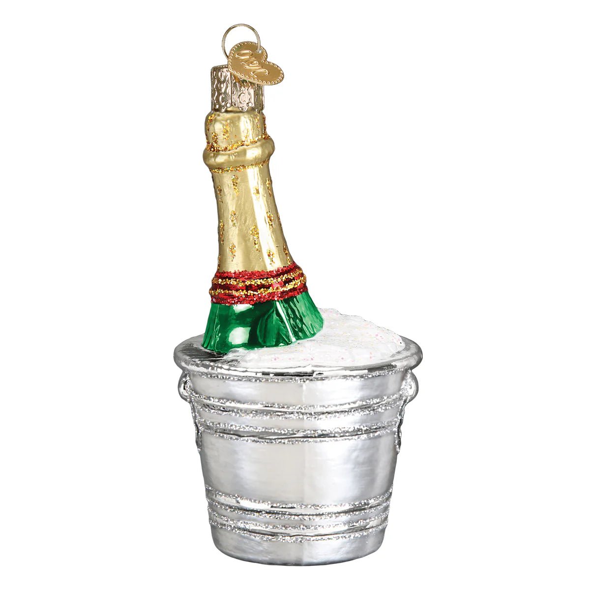 Hand-Painted Glass Champagne Bottle Ornament with Gold and Red Label