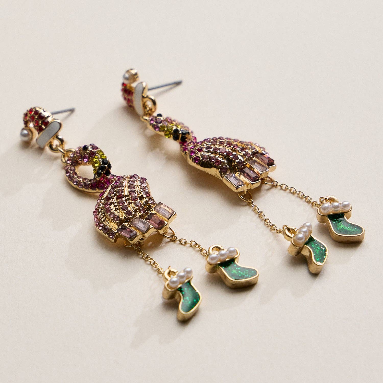 Christmas Flamingo Stocking Drop Earrings