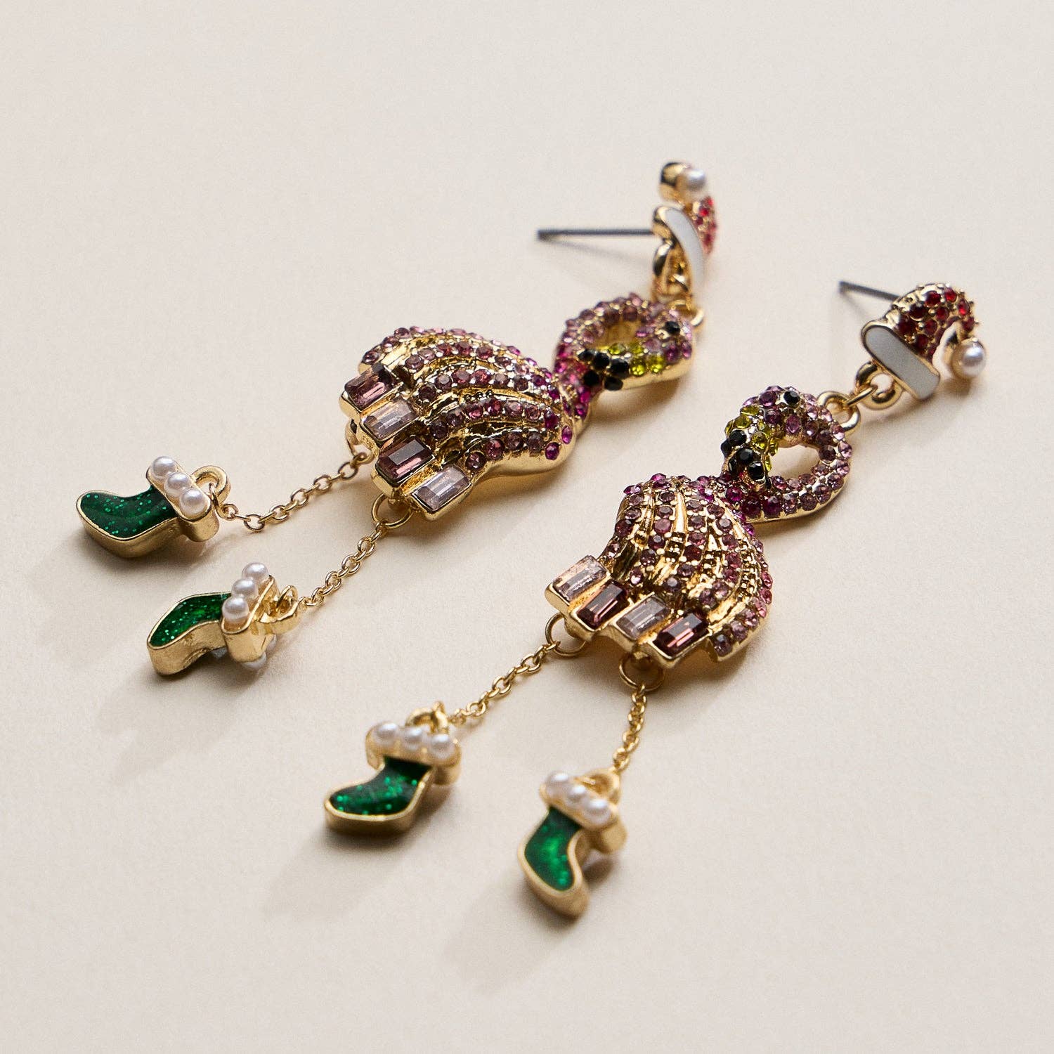 Christmas Flamingo Stocking Drop Earrings