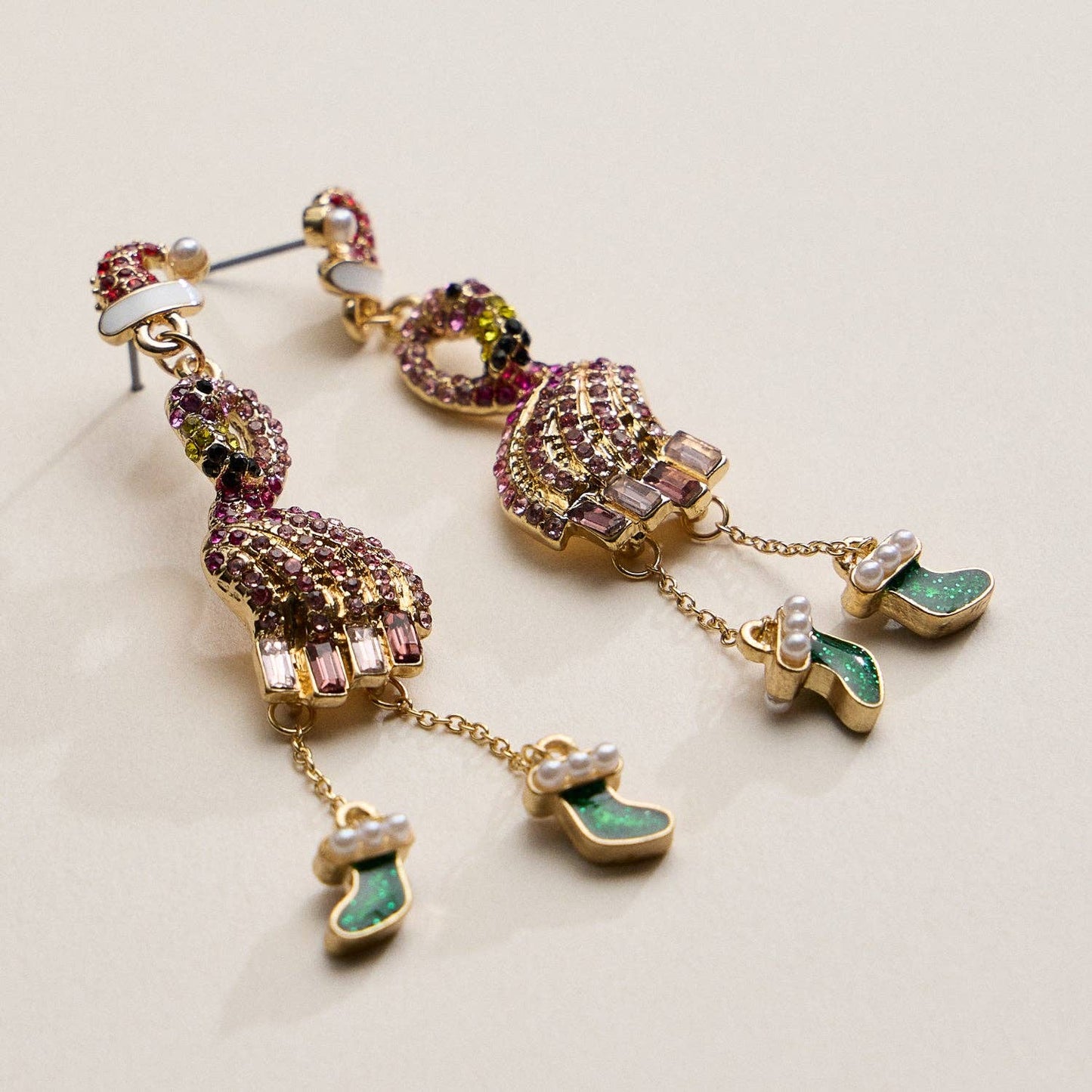 Christmas Flamingo Stocking Drop Earrings