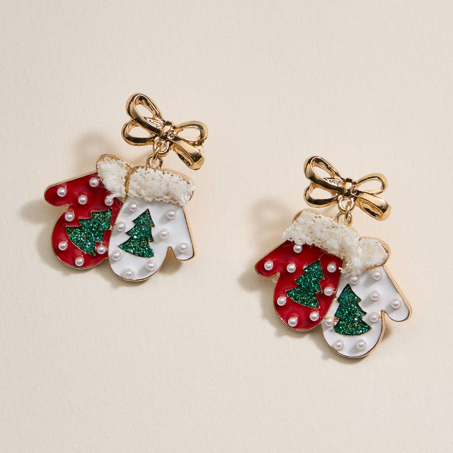 Christmas Gloves with Pearls Enamel Dangling Earrings