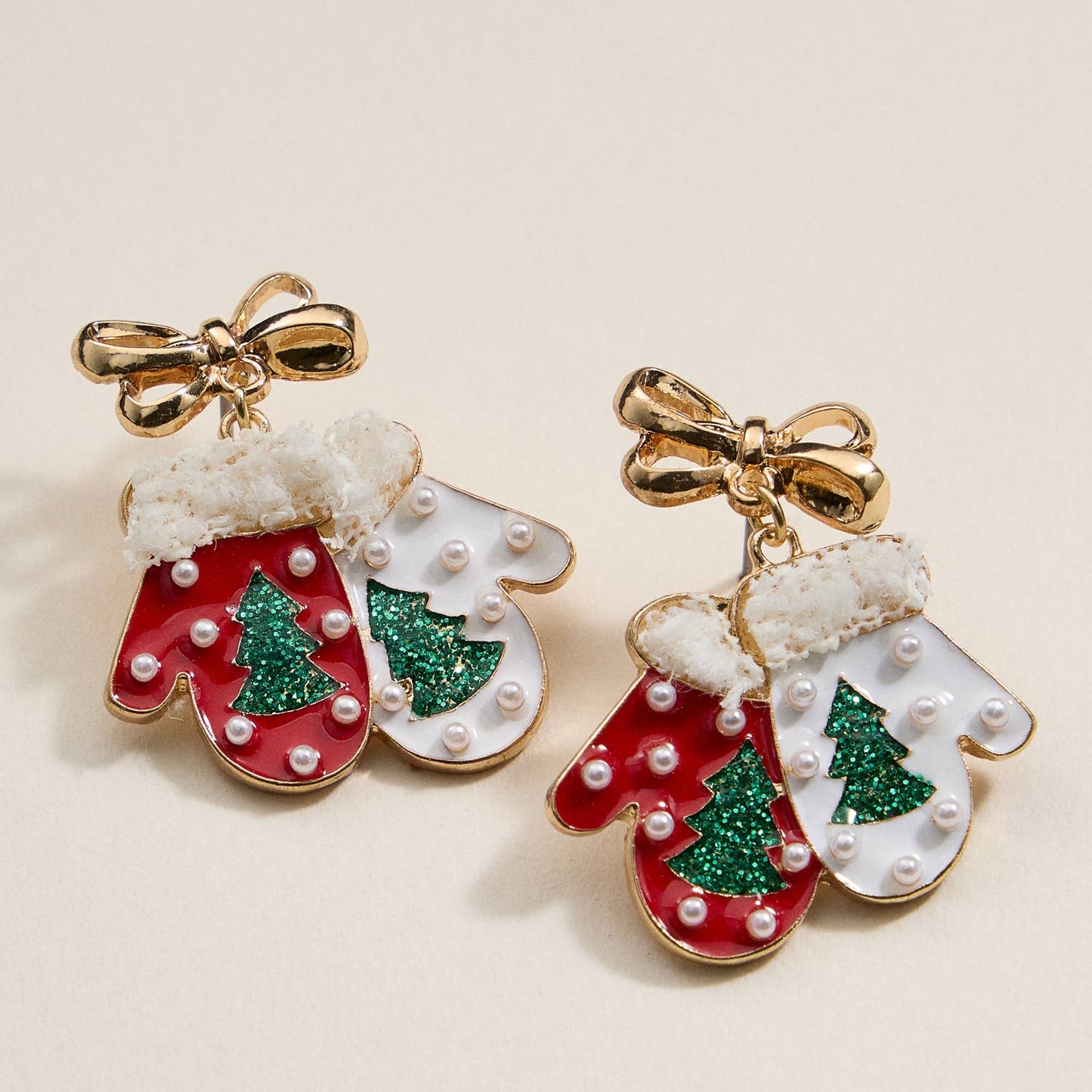 Christmas Gloves with Pearls Enamel Dangling Earrings