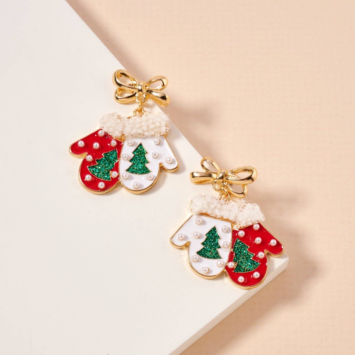 Christmas Gloves with Pearls Enamel Dangling Earrings One Red 4BE32054