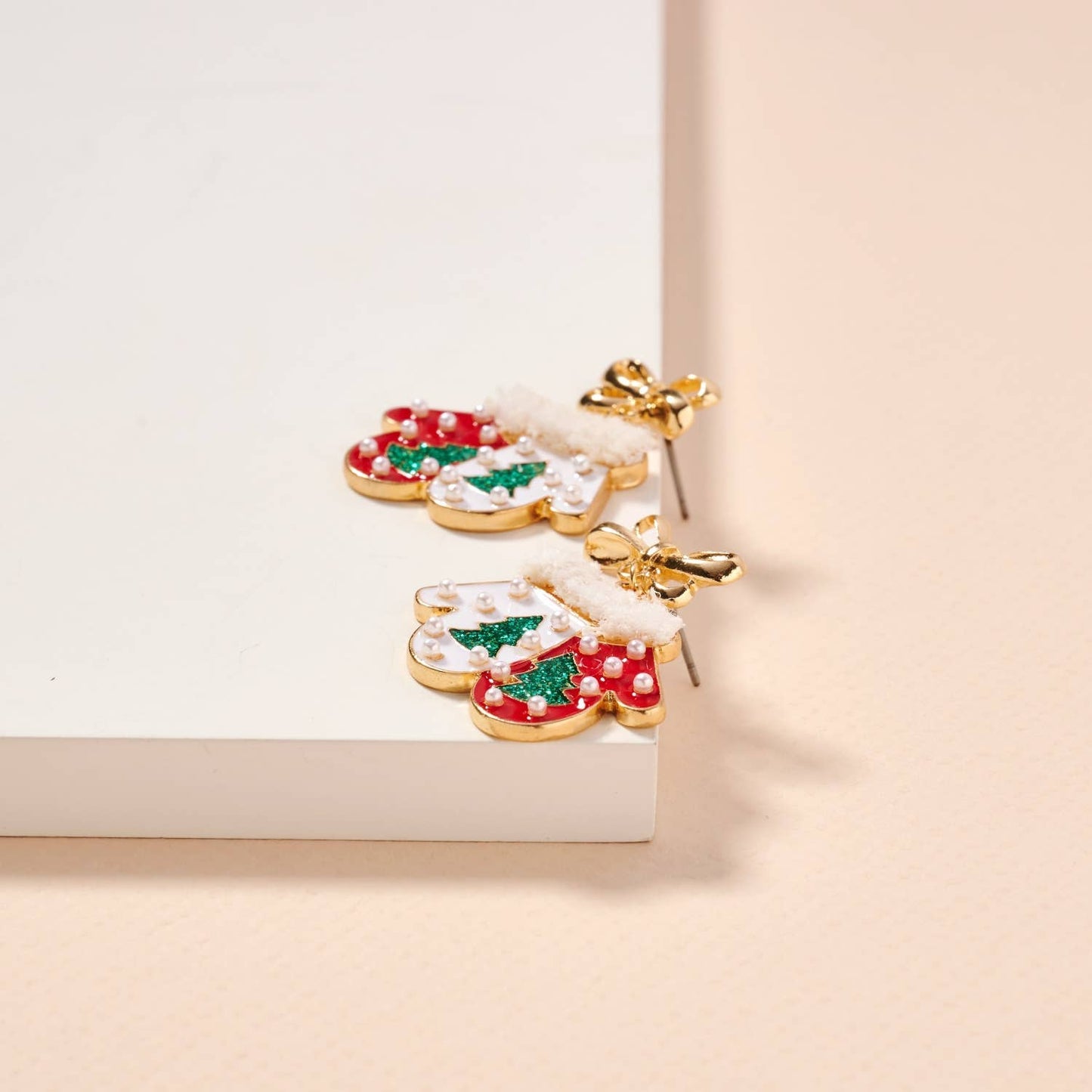 Christmas Gloves with Pearls Enamel Dangling Earrings