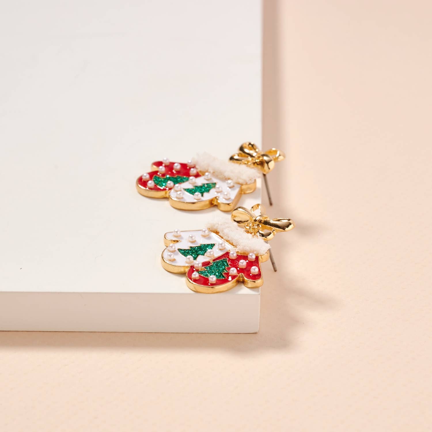 Christmas Gloves with Pearls Enamel Dangling Earrings