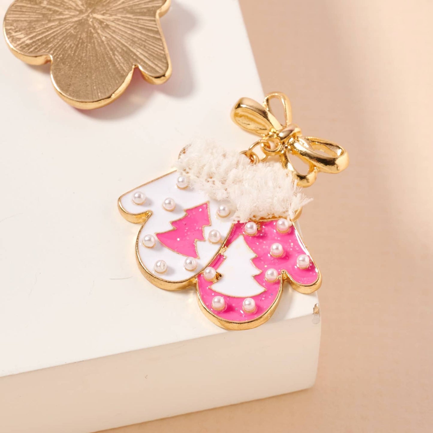Christmas Gloves with Pearls Enamel Dangling Earrings