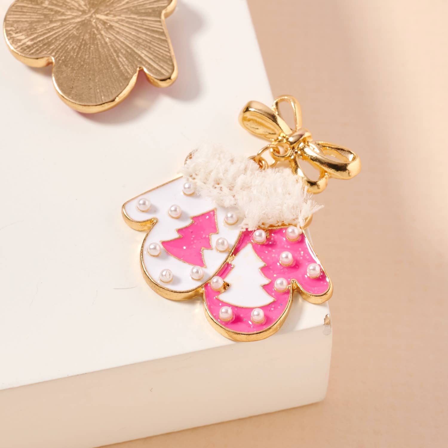 Christmas Gloves with Pearls Enamel Dangling Earrings