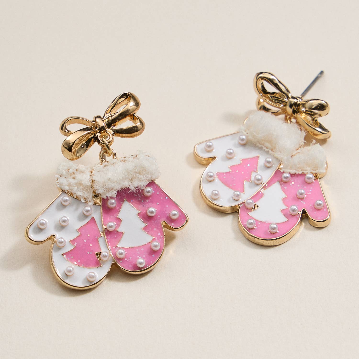 Christmas Gloves with Pearls Enamel Dangling Earrings