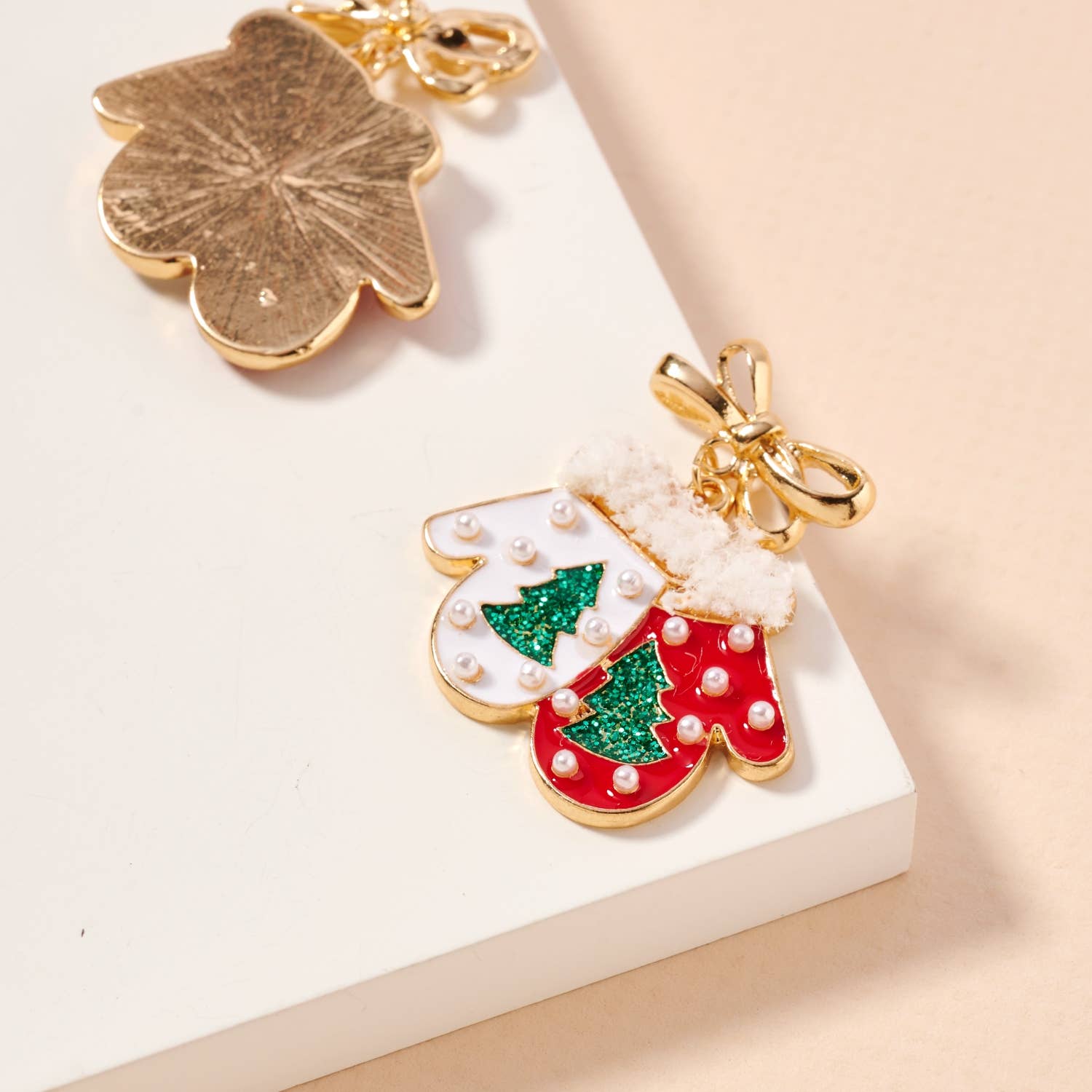 Christmas Gloves with Pearls Enamel Dangling Earrings