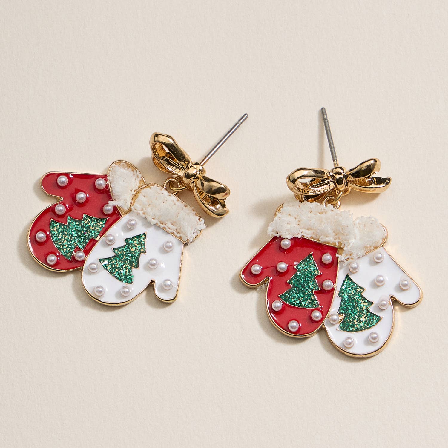 Christmas Gloves with Pearls Enamel Dangling Earrings
