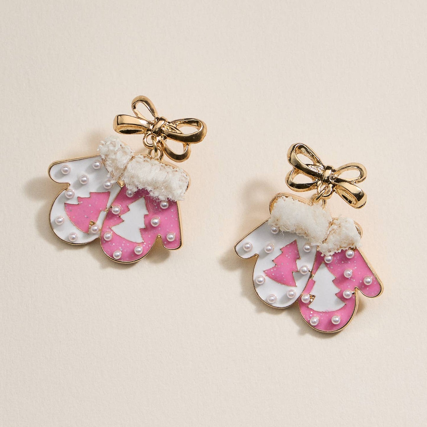 Christmas Gloves with Pearls Enamel Dangling Earrings