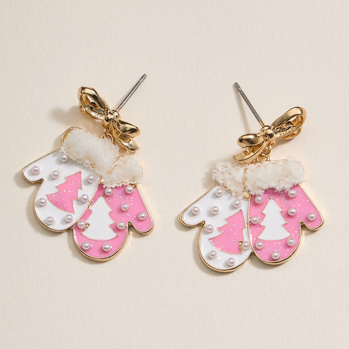 Christmas Gloves with Pearls Enamel Dangling Earrings
