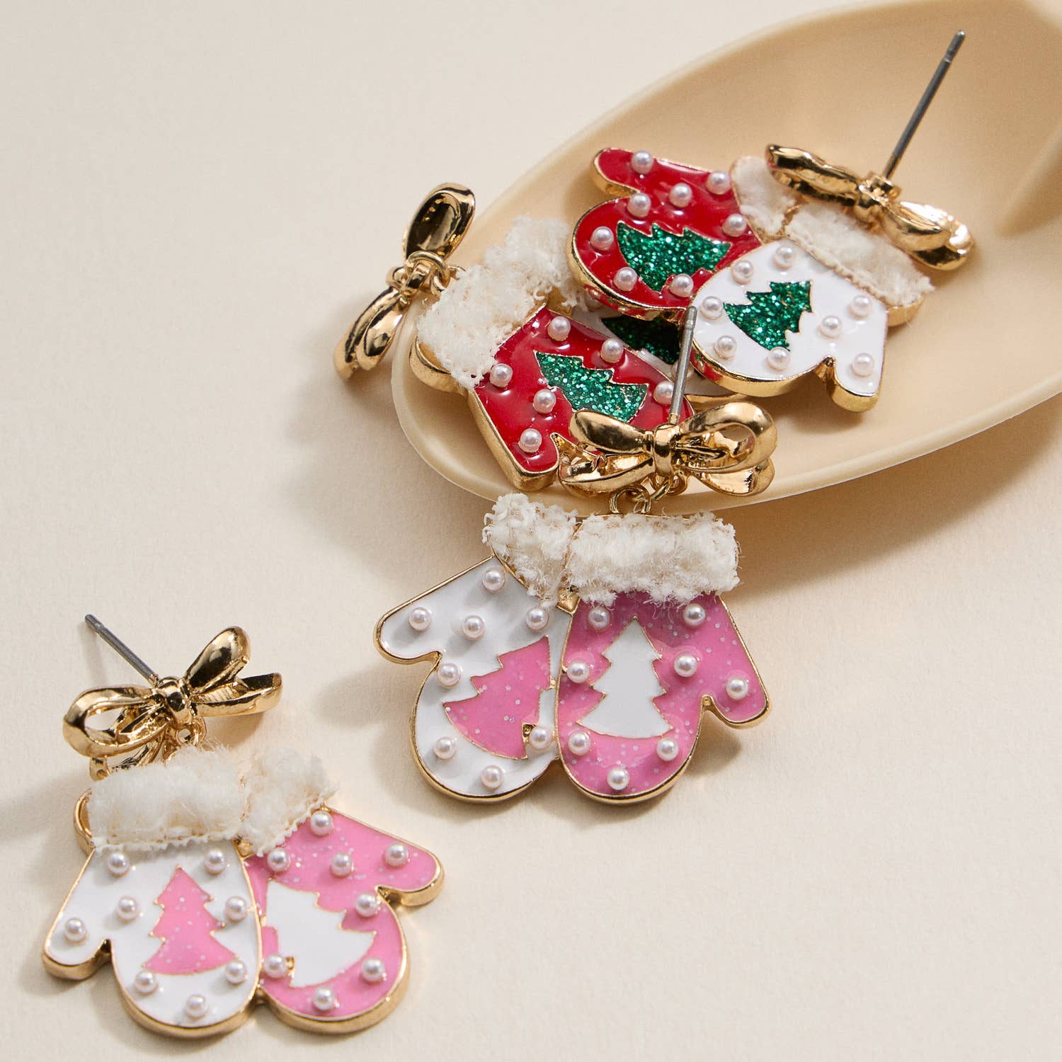 Christmas Gloves with Pearls Enamel Dangling Earrings