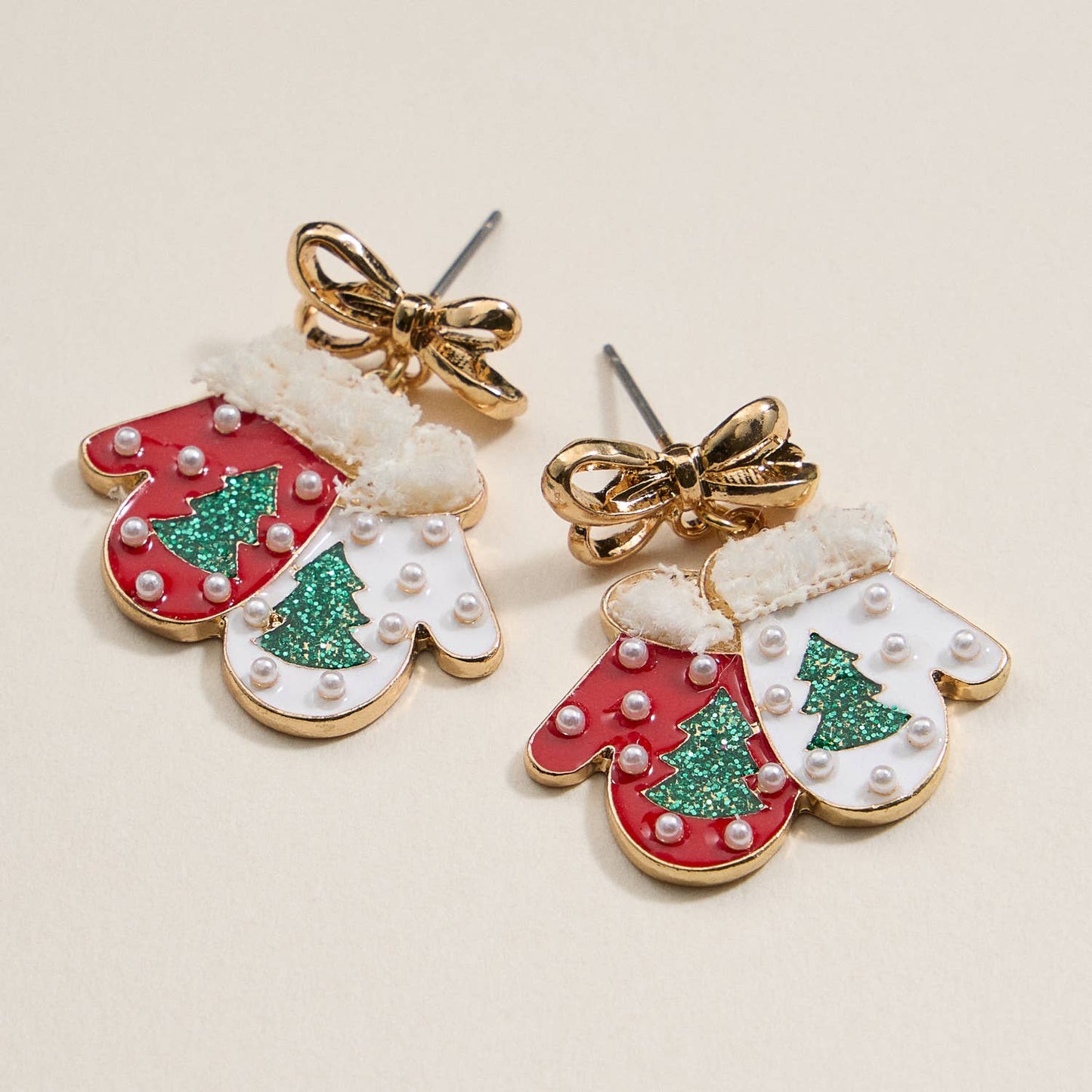 Christmas Gloves with Pearls Enamel Dangling Earrings