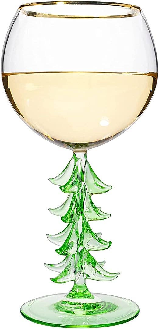 Christmas Holiday Tree Stemmed Wine Glass - Green - 12oz