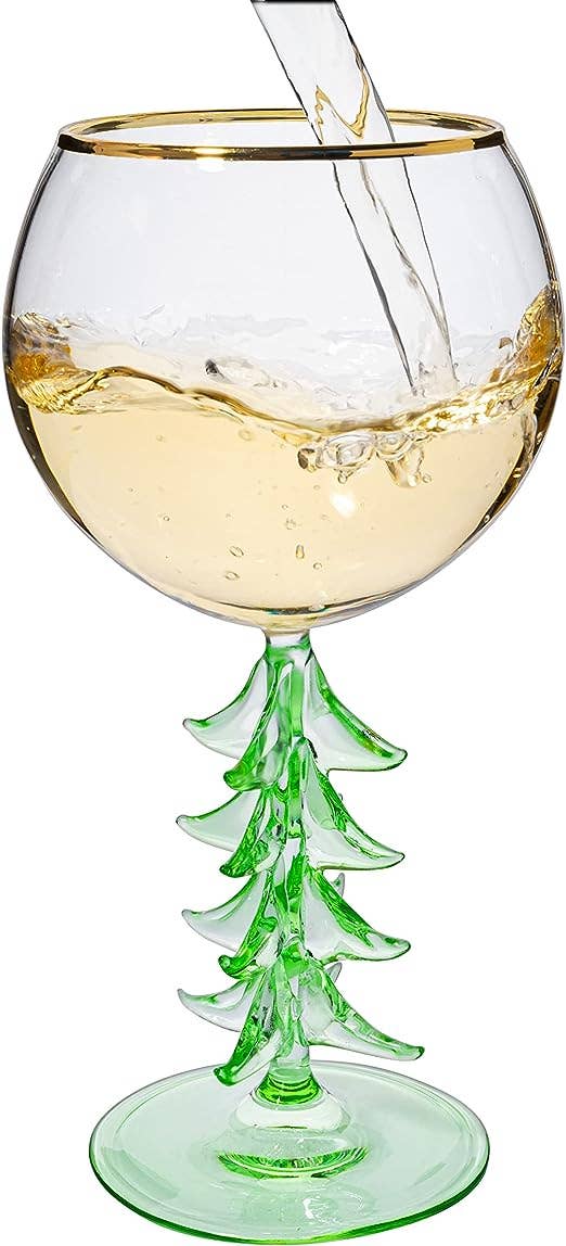 Christmas Holiday Tree Stemmed Wine Glass - Green - 12oz