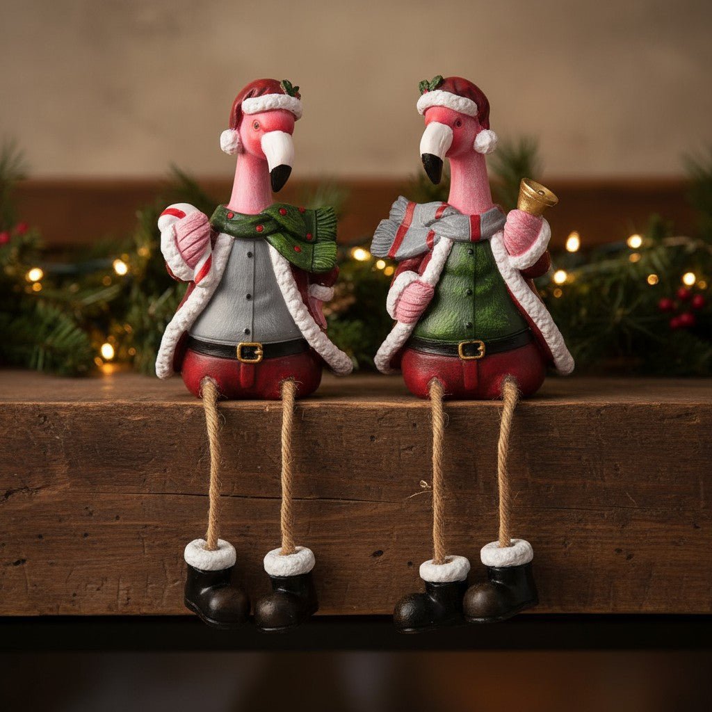 Christmas Resin Holiday Flamingo Shelf Sitter, 2 Asst 4.3"H - Nifty Decor & More
