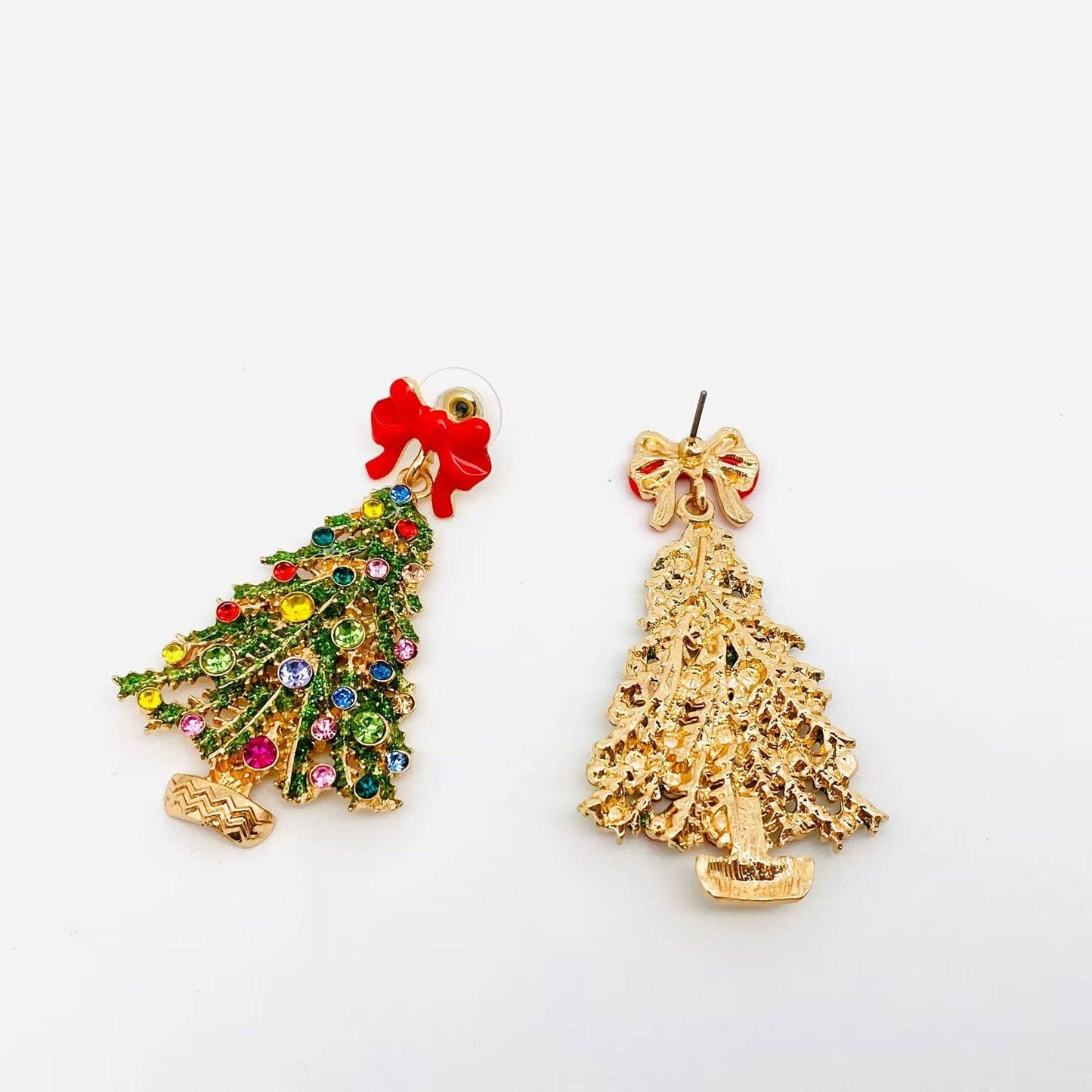 Christmas Tree Rhinestone Red Bow Post Earrings - Nifty Decor & More