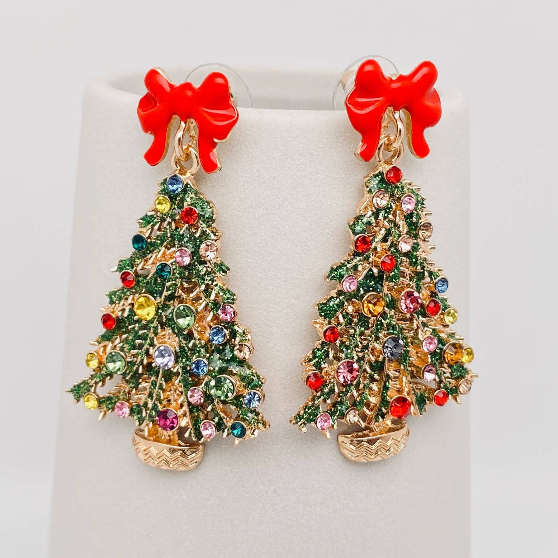Christmas Tree Rhinestone Red Bow Post Earrings - Nifty Decor & More