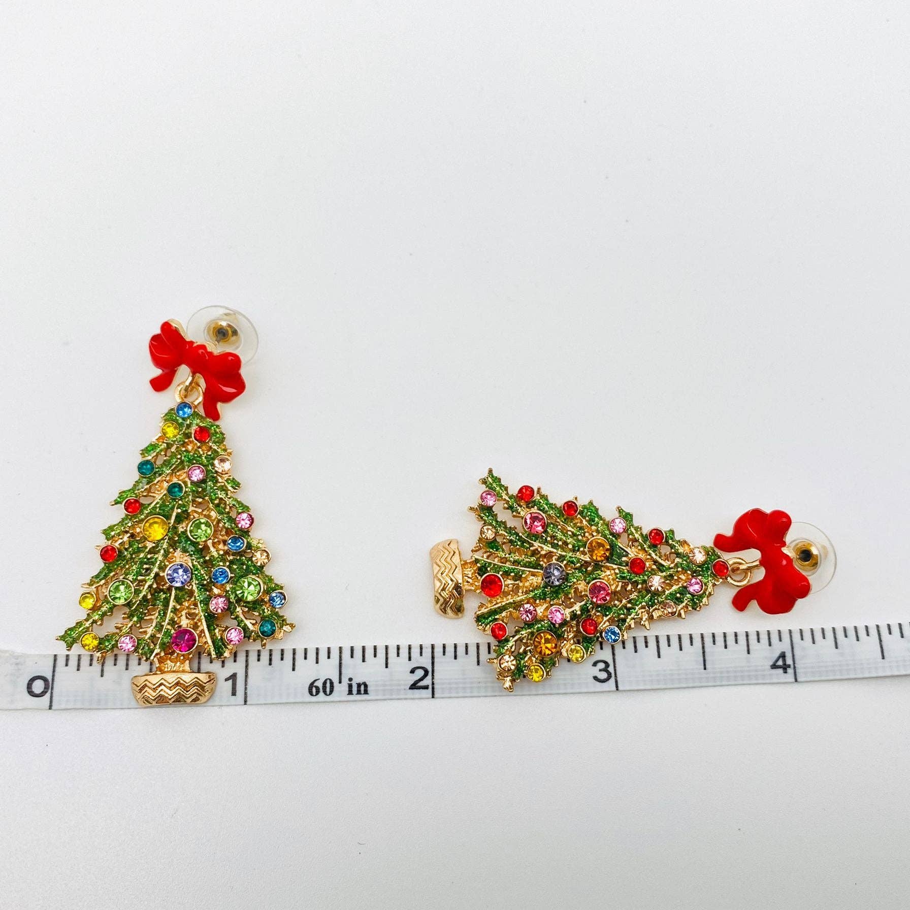 Christmas Tree Rhinestone Red Bow Post Earrings - Nifty Decor & More