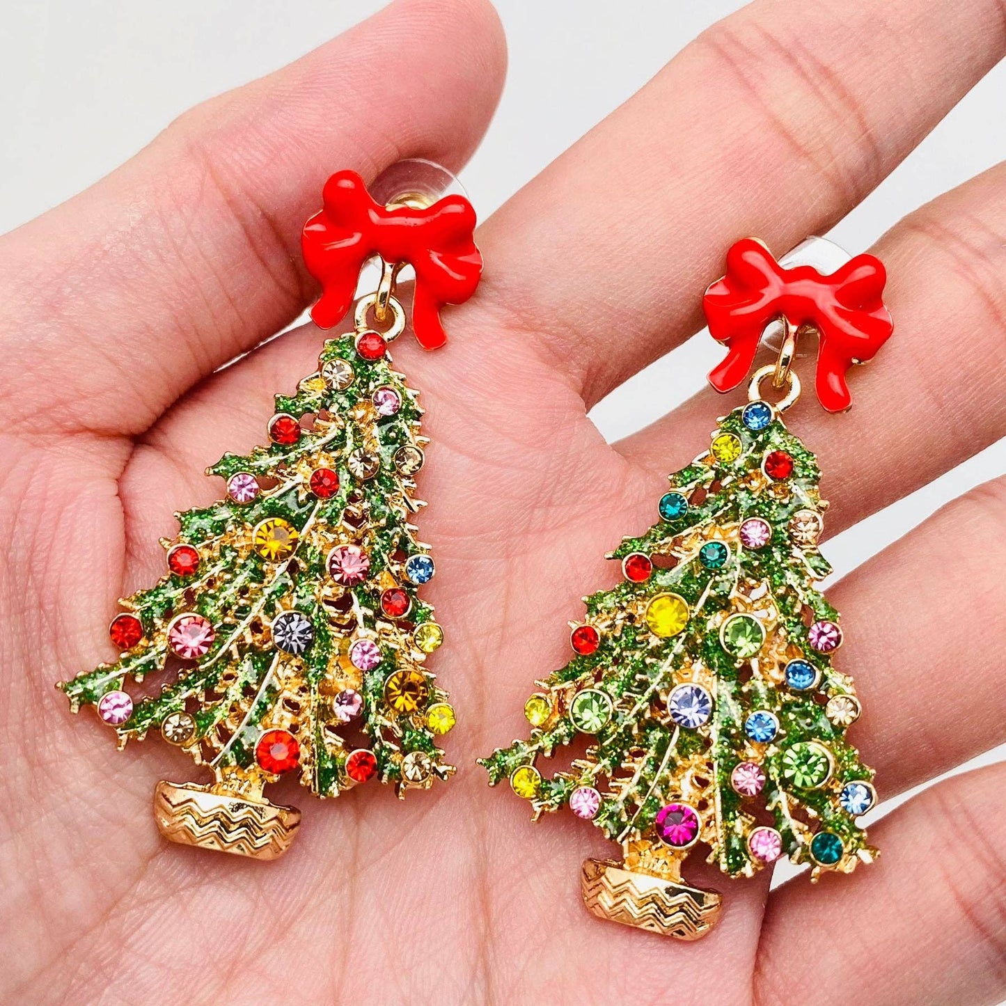 Christmas Tree Rhinestone Red Bow Post Earrings - Nifty Decor & More