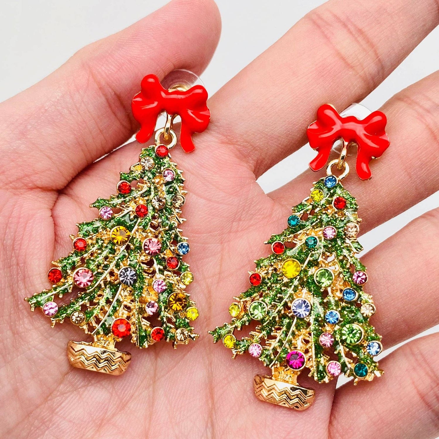 Christmas Tree Rhinestone Red Bow Post Earrings - Nifty Decor & More