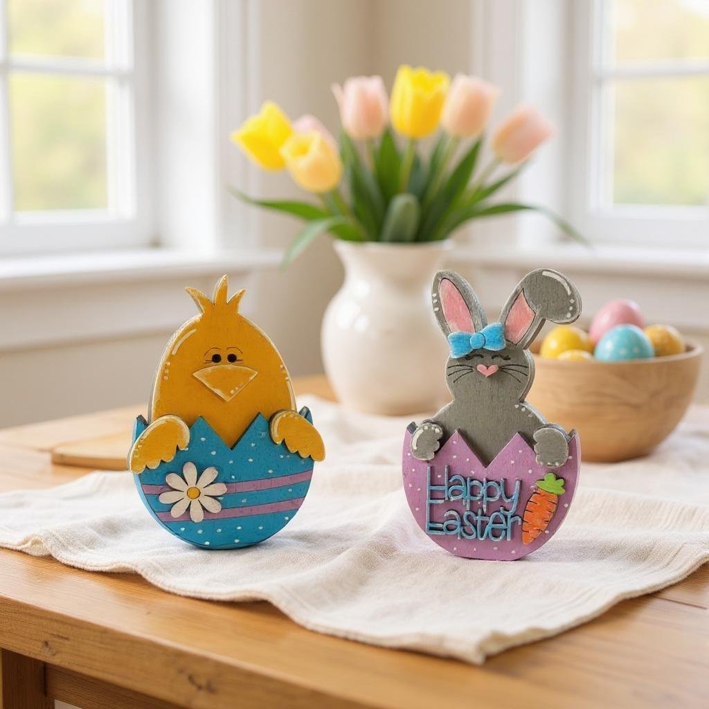 Chunky Bunny & Chick Shelf Sitter | Handmade Easter Decor | Cute Spring Table Centerpiece | Rustic Bunny bunny Chick Figurines - Nifty Decor & More