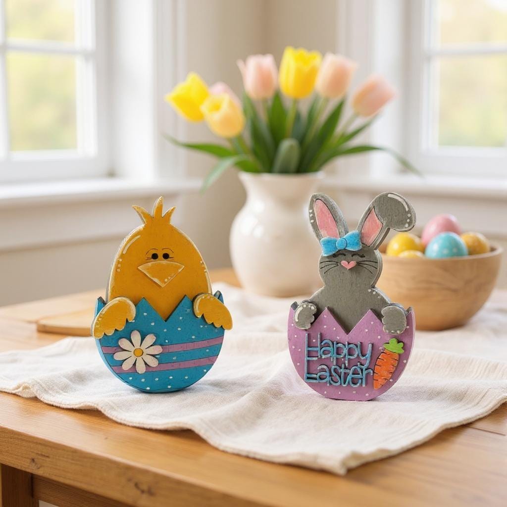 Chunky Bunny & Chick Shelf Sitter | Handmade Easter Decor | Cute Spring Table Centerpiece | Rustic Bunny bunny Chick Figurines - Nifty Decor & More