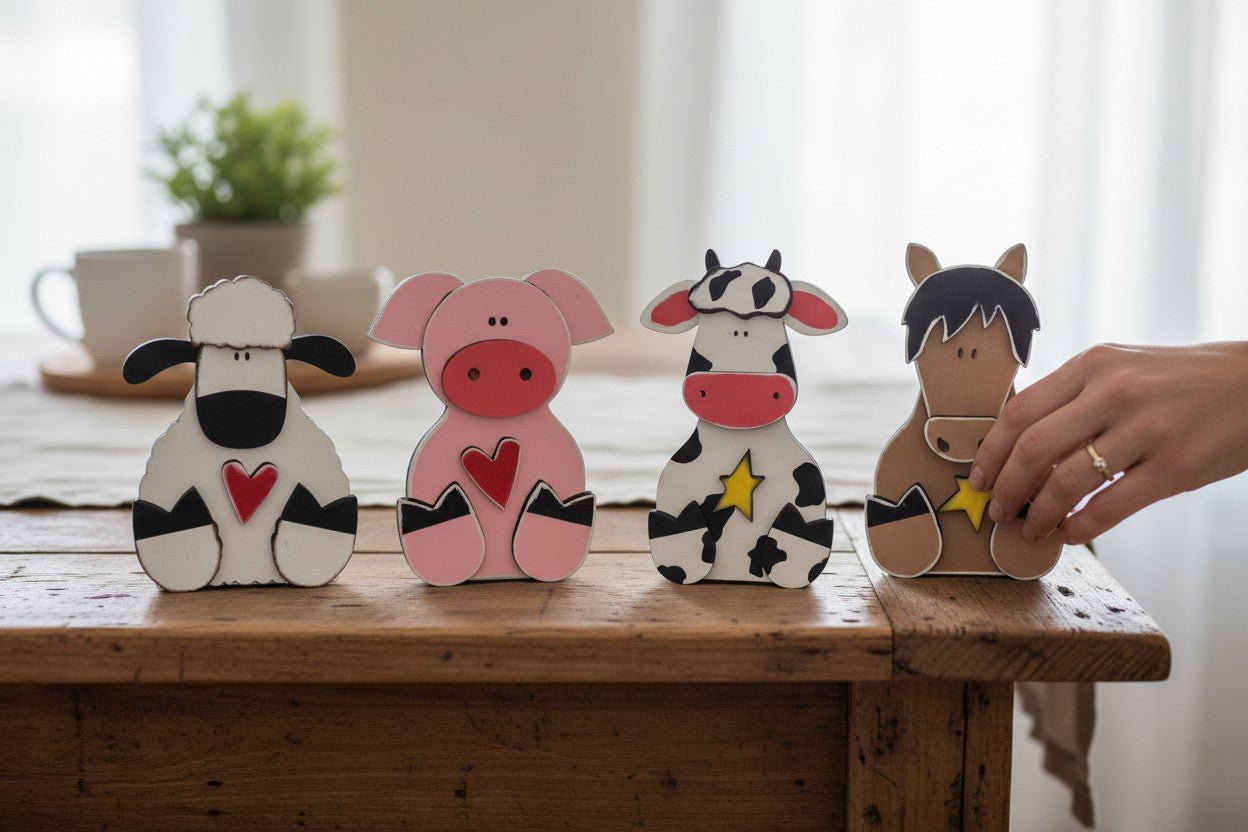 Chunky Farm Animal Shelf Sitters Handcrafted Wooden Cow Sheep Pig and Horse Figurines - Nifty Decor & More