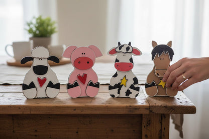 Chunky Farm Animal Shelf Sitters Handcrafted Wooden Cow Sheep Pig and Horse Figurines - Nifty Decor & More