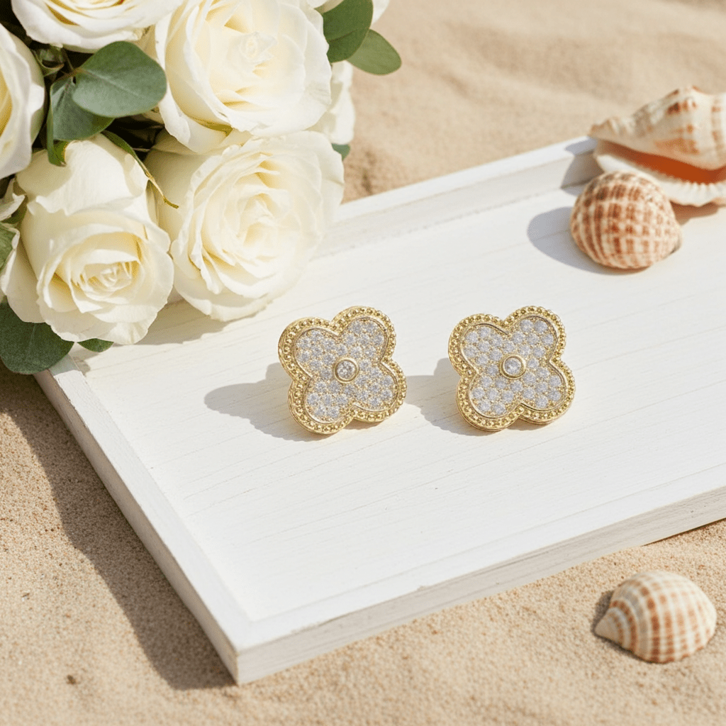 Clover Post Gold Tone Outline CZ Pave Earrings - Nifty Decor & More
