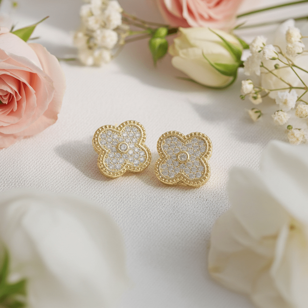 Clover Post Gold Tone Outline CZ Pave Earrings - Nifty Decor & More