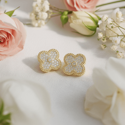 Clover Post Gold Tone Outline CZ Pave Earrings - Nifty Decor & More