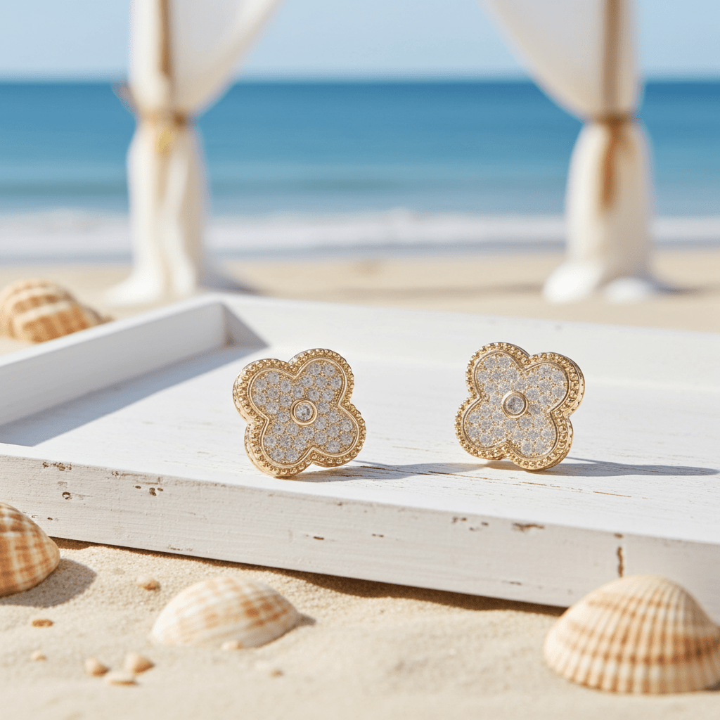 Clover Post Gold Tone Outline CZ Pave Earrings - Nifty Decor & More