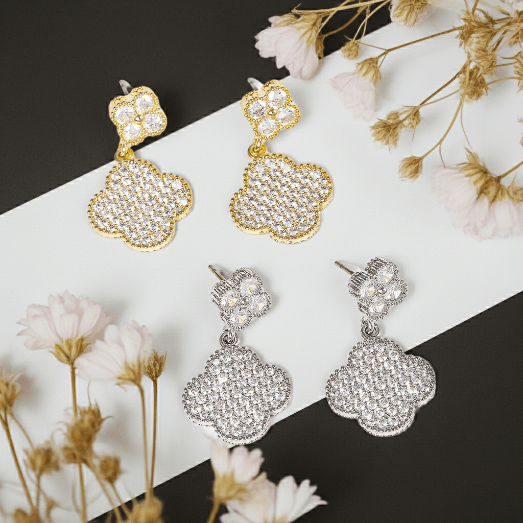 Clovers 14k Gold Plated Post Earrings CZ Pave - Nifty Decor & More