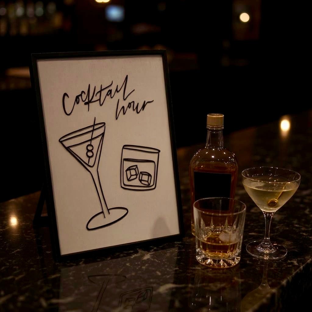 Cocktail hour black and white outline wall art, minimalist bar decor, perfect cocktail party gift - Nifty Decor & More